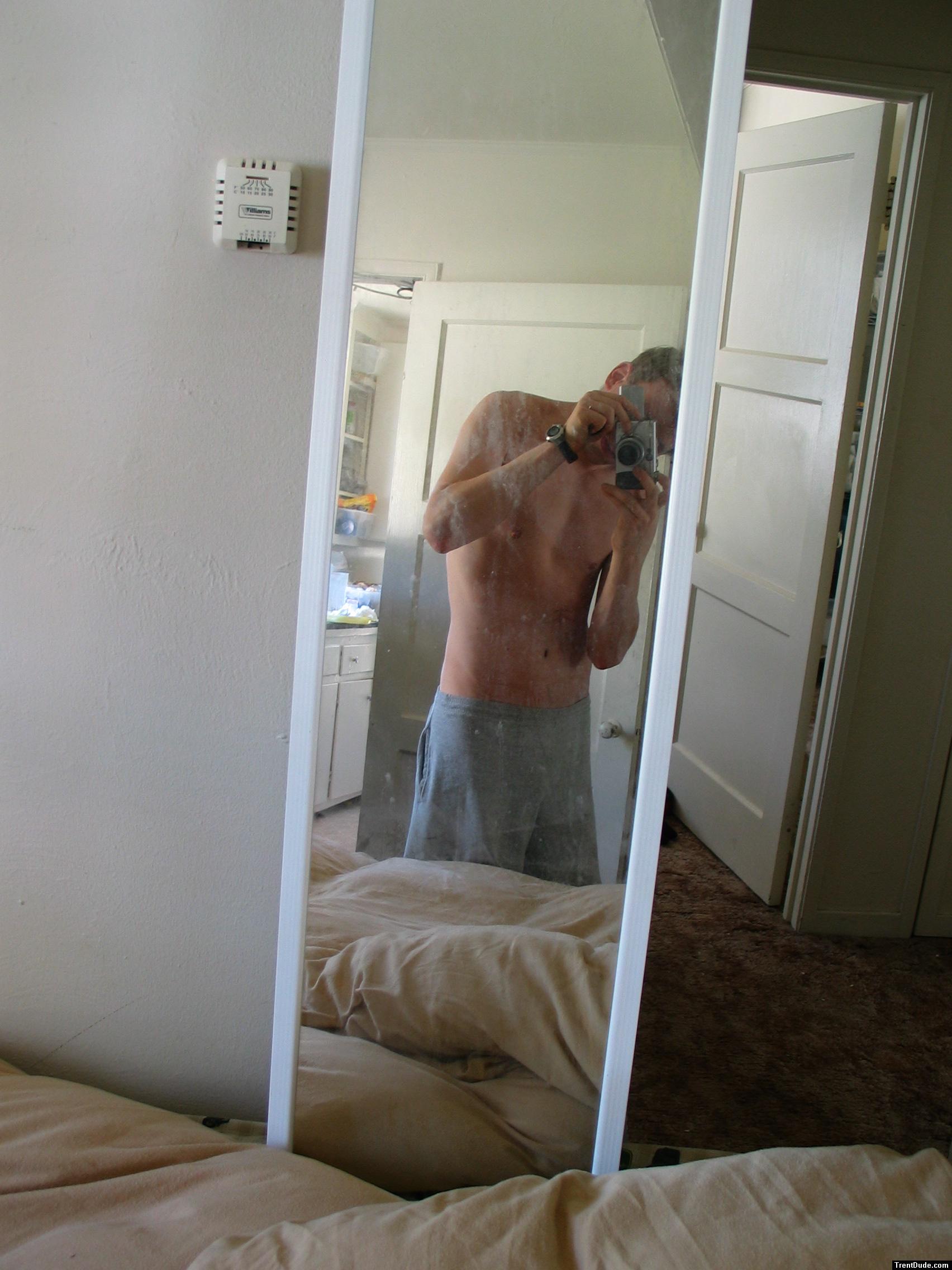 Shirtless in grey sweatpants