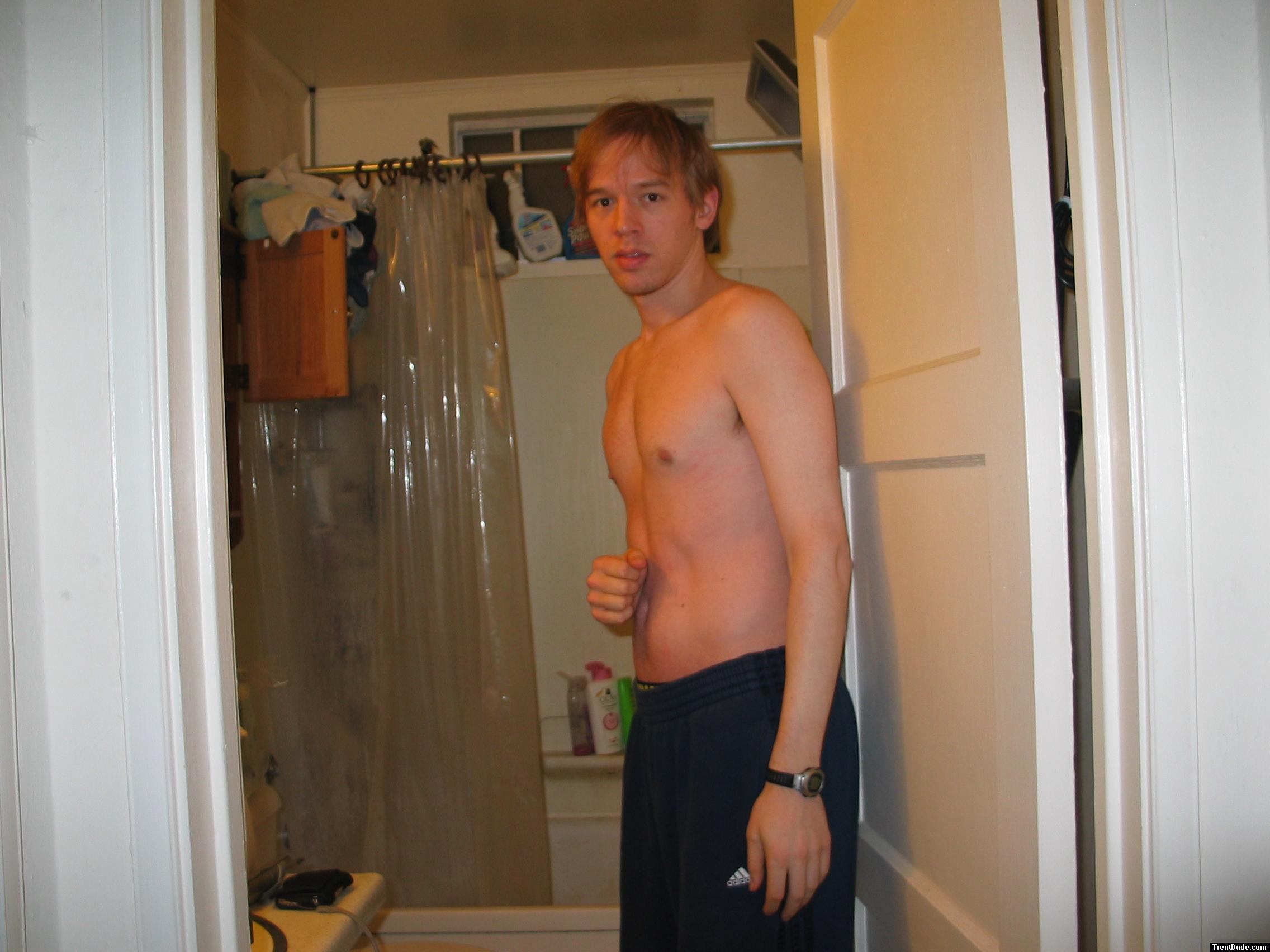 Sweat pants & shirtless (getting ready to shower)