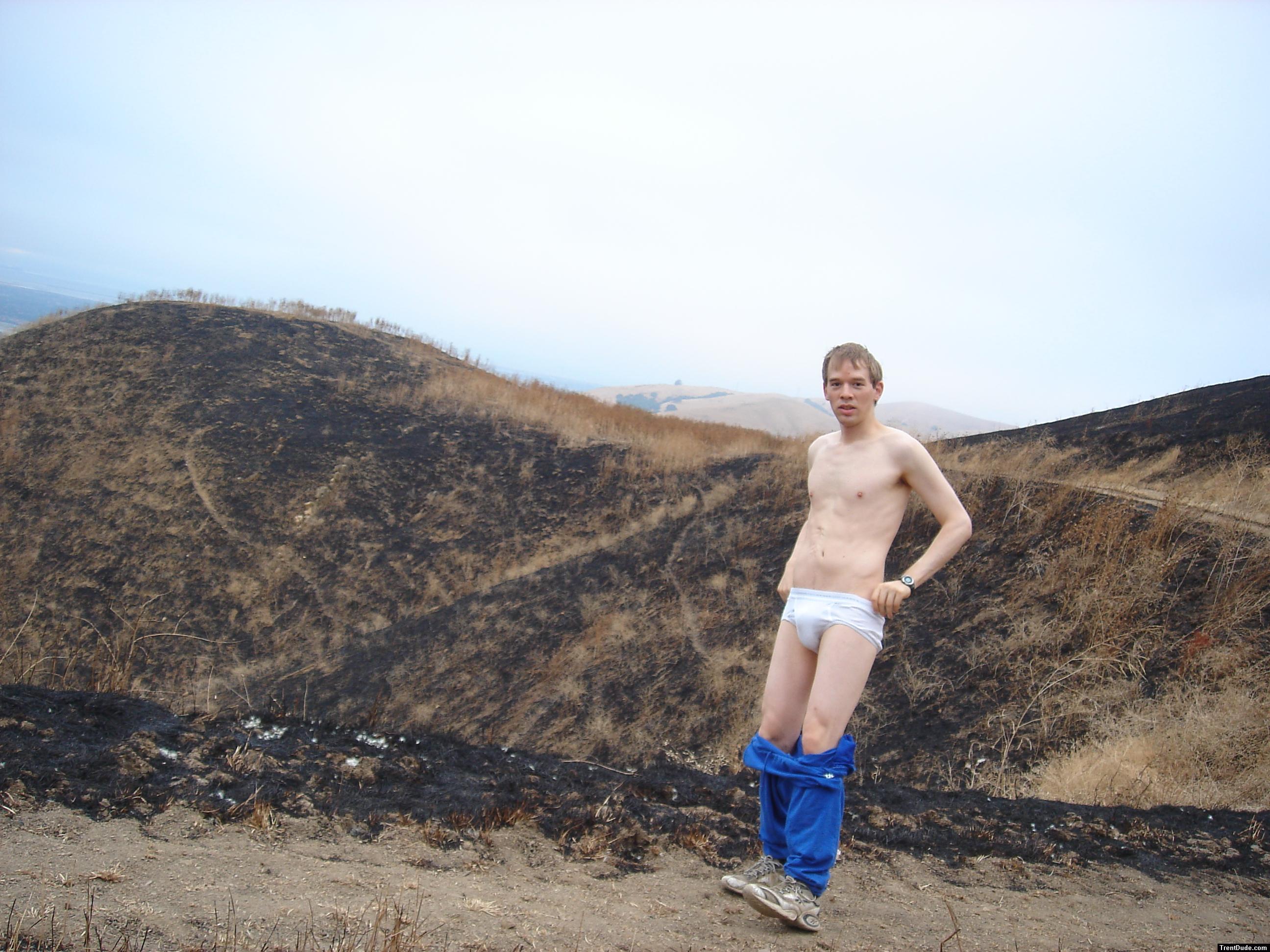 Trent hiker in burned Montana Grassland(cooling off in undies on a hot day)