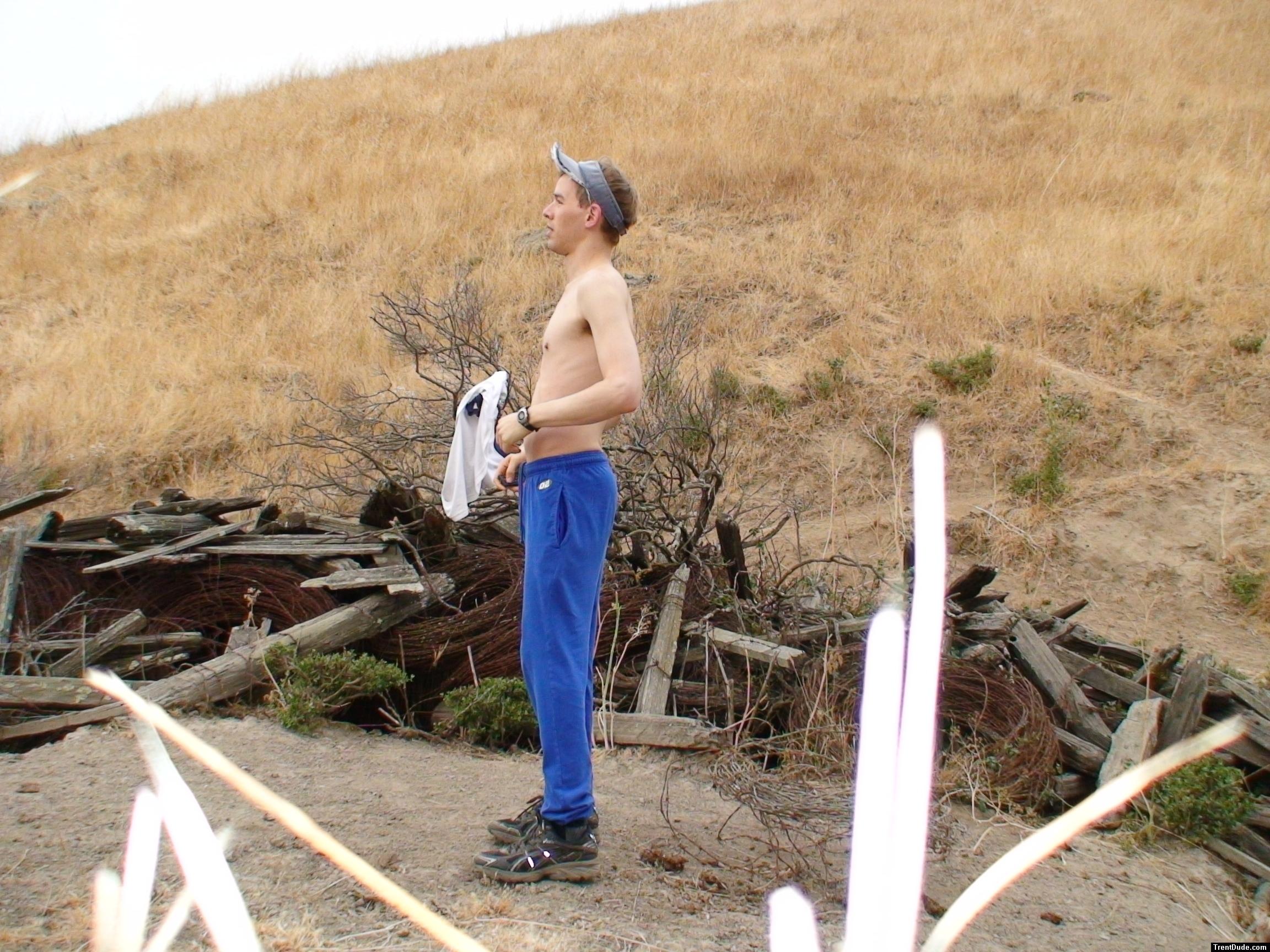 Shirtless in blue sweats