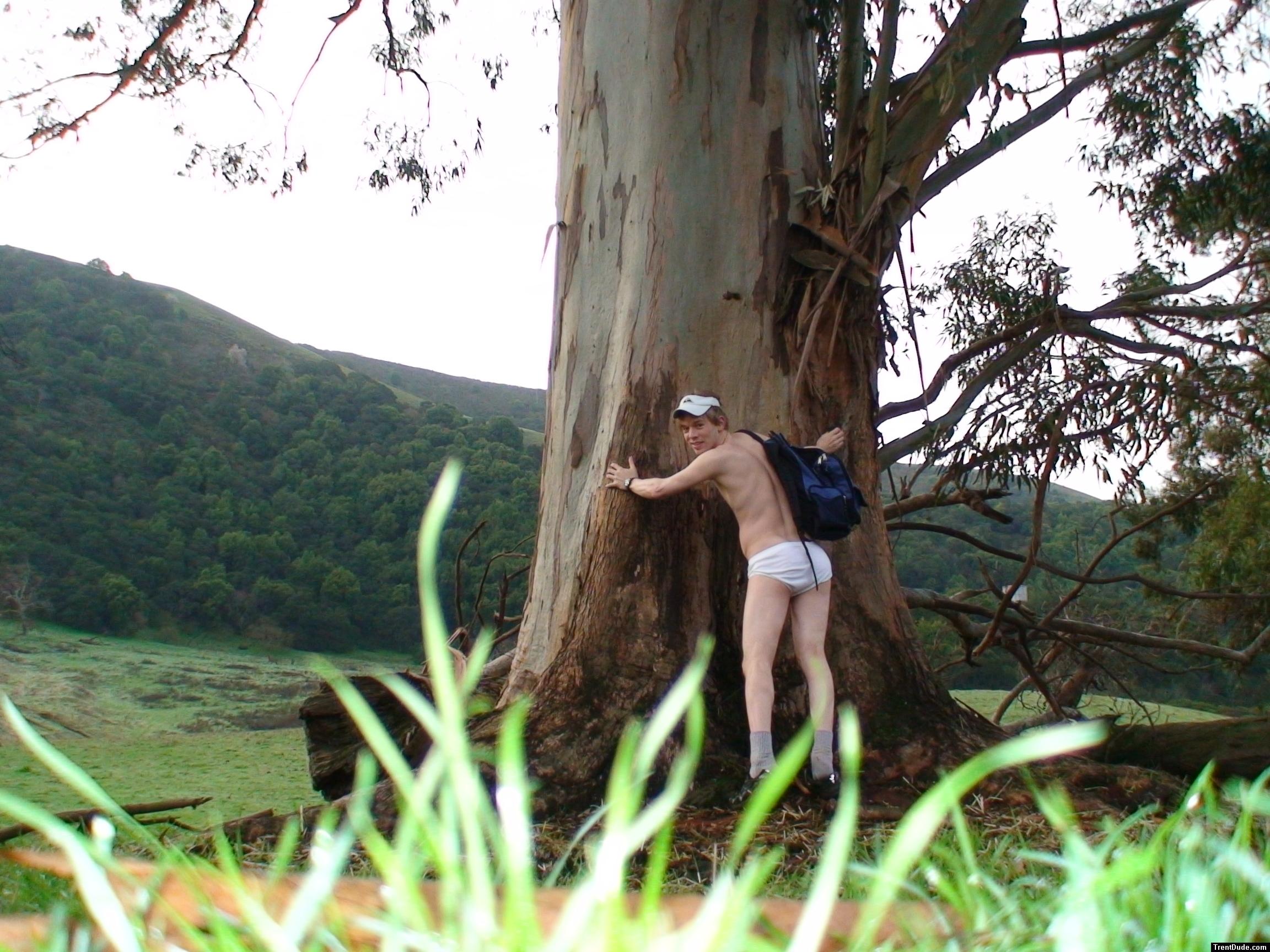 Tree hugger in tightey whitey underwear