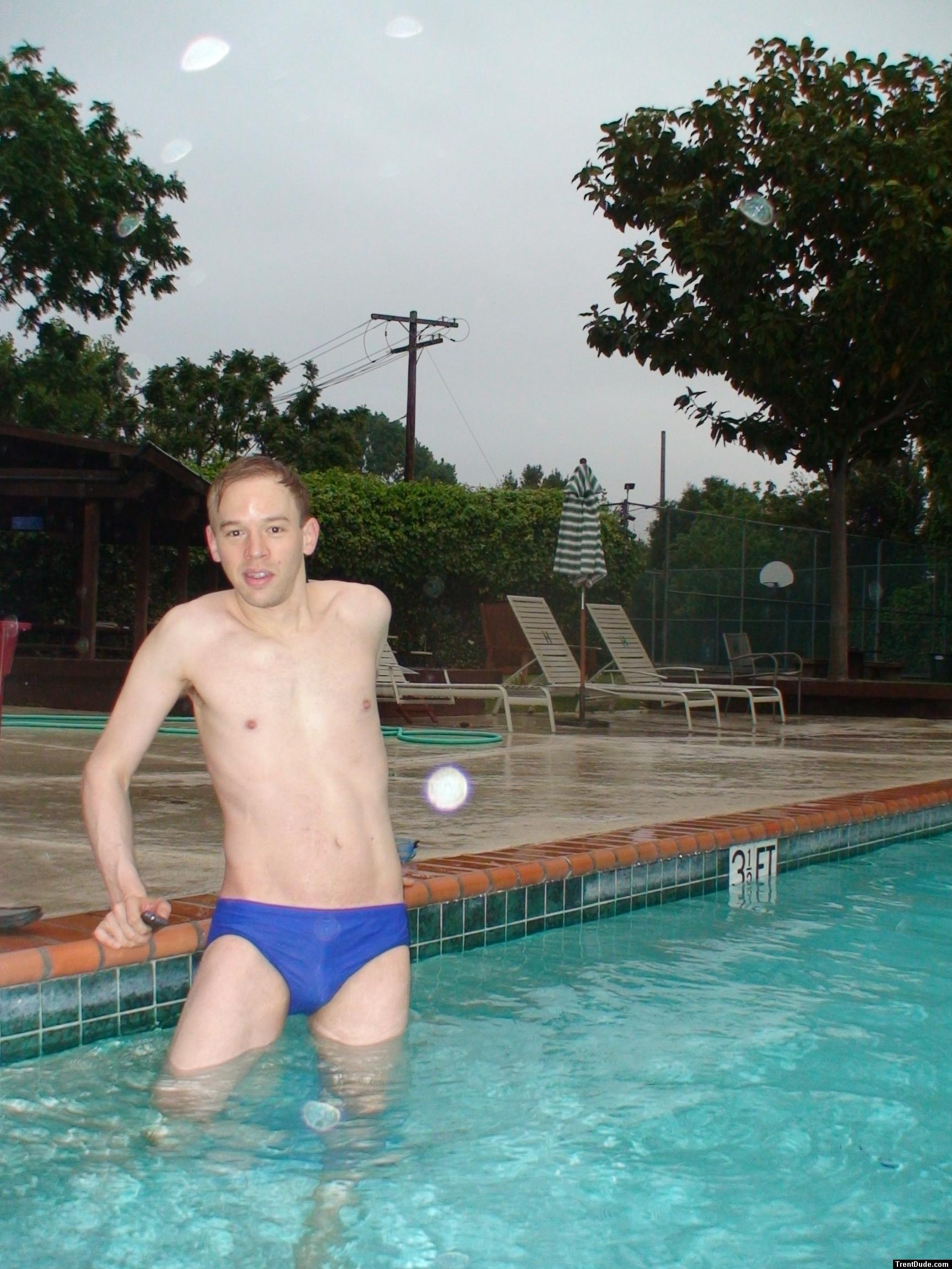 Jumping in, blue Nike speedo (bulge)