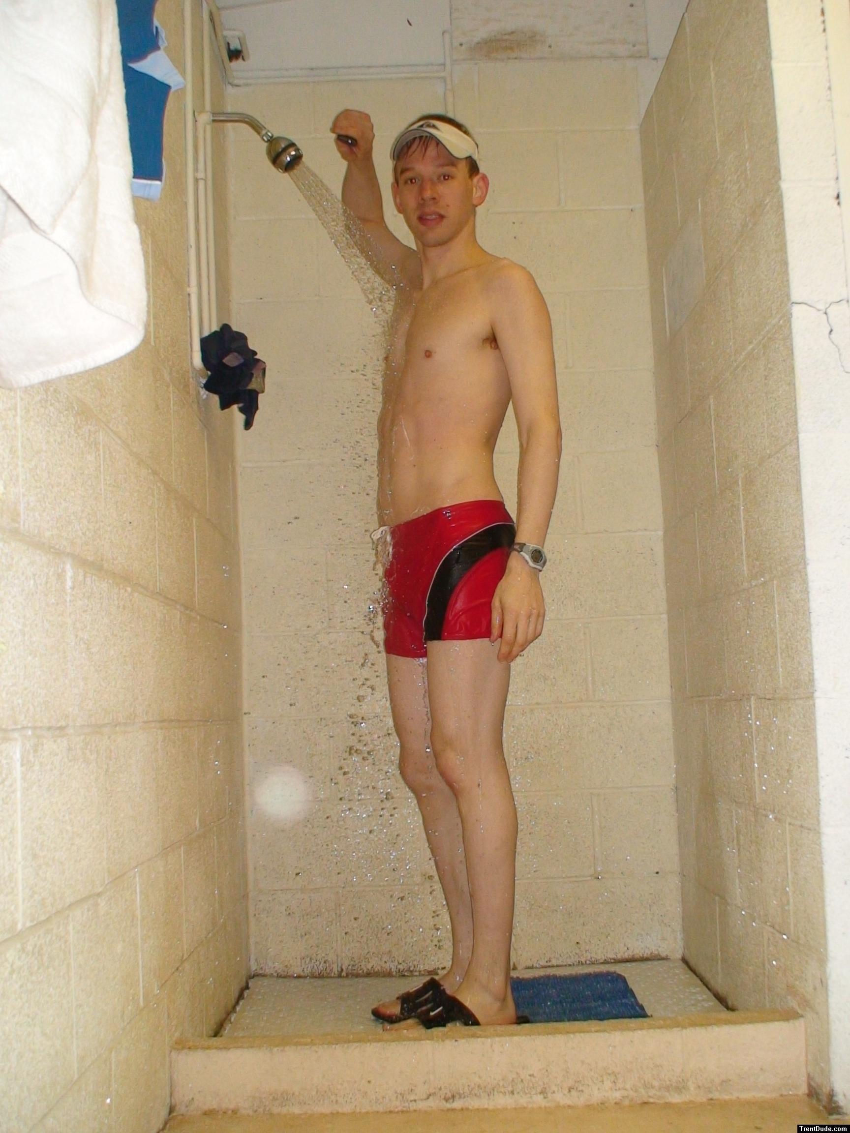 showering (in a Red Speedo Curve Line Square Leg Trunk from InternationalJock.com)