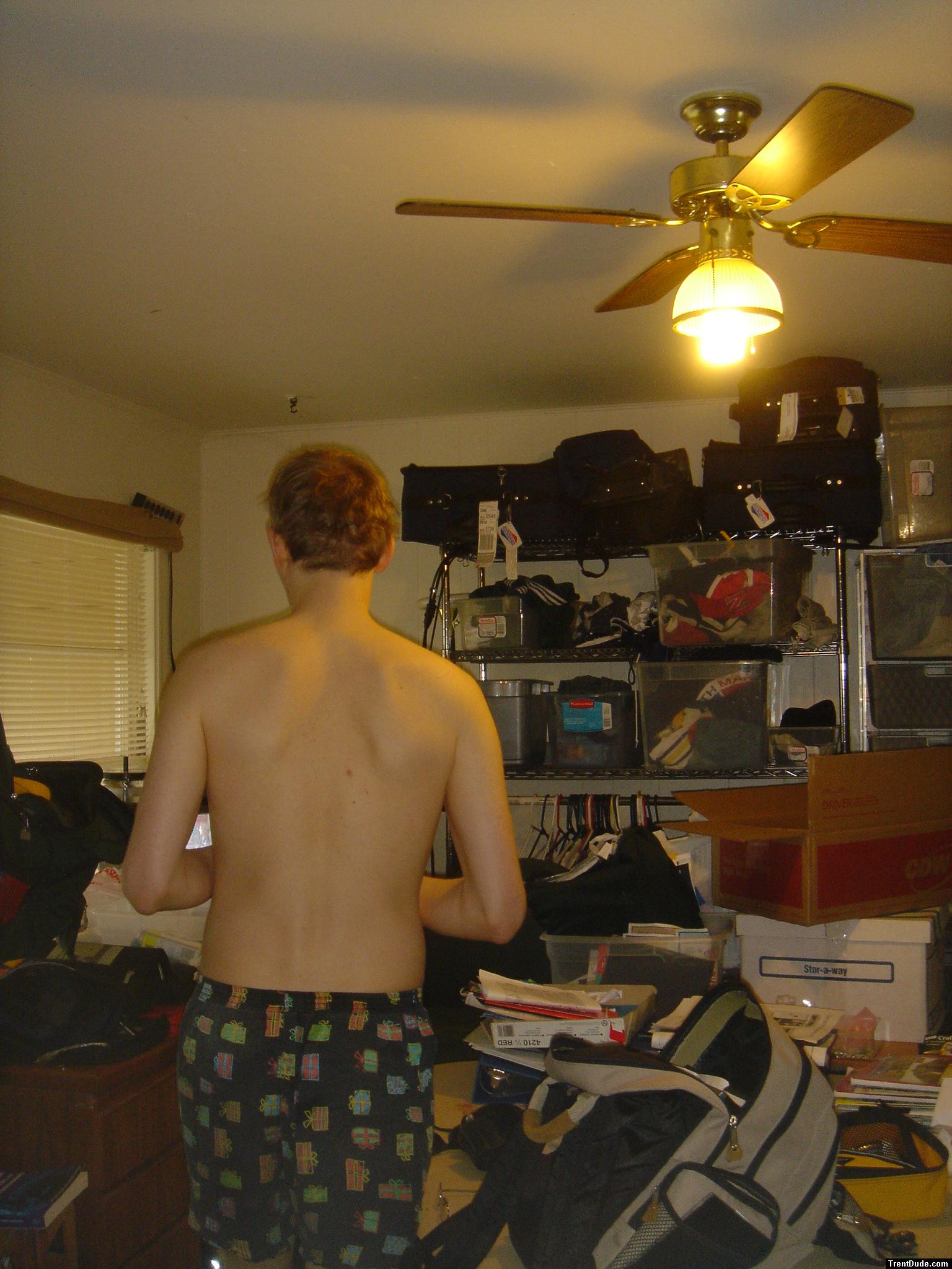 Shirtless in boxers