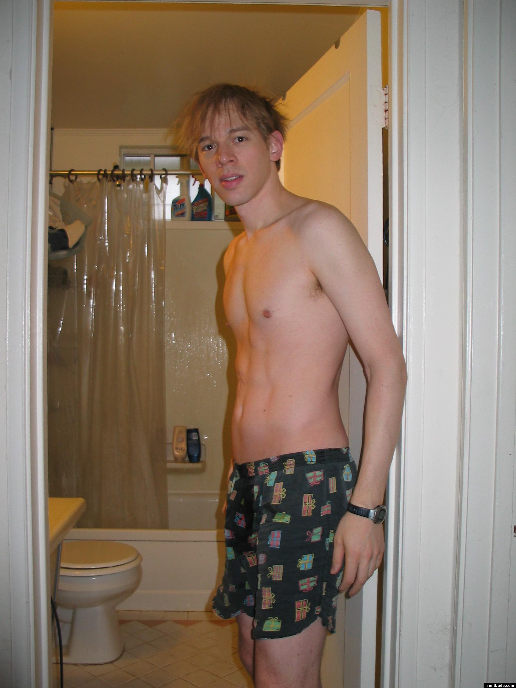 Silk boxers, abs, messy out of the shower hair