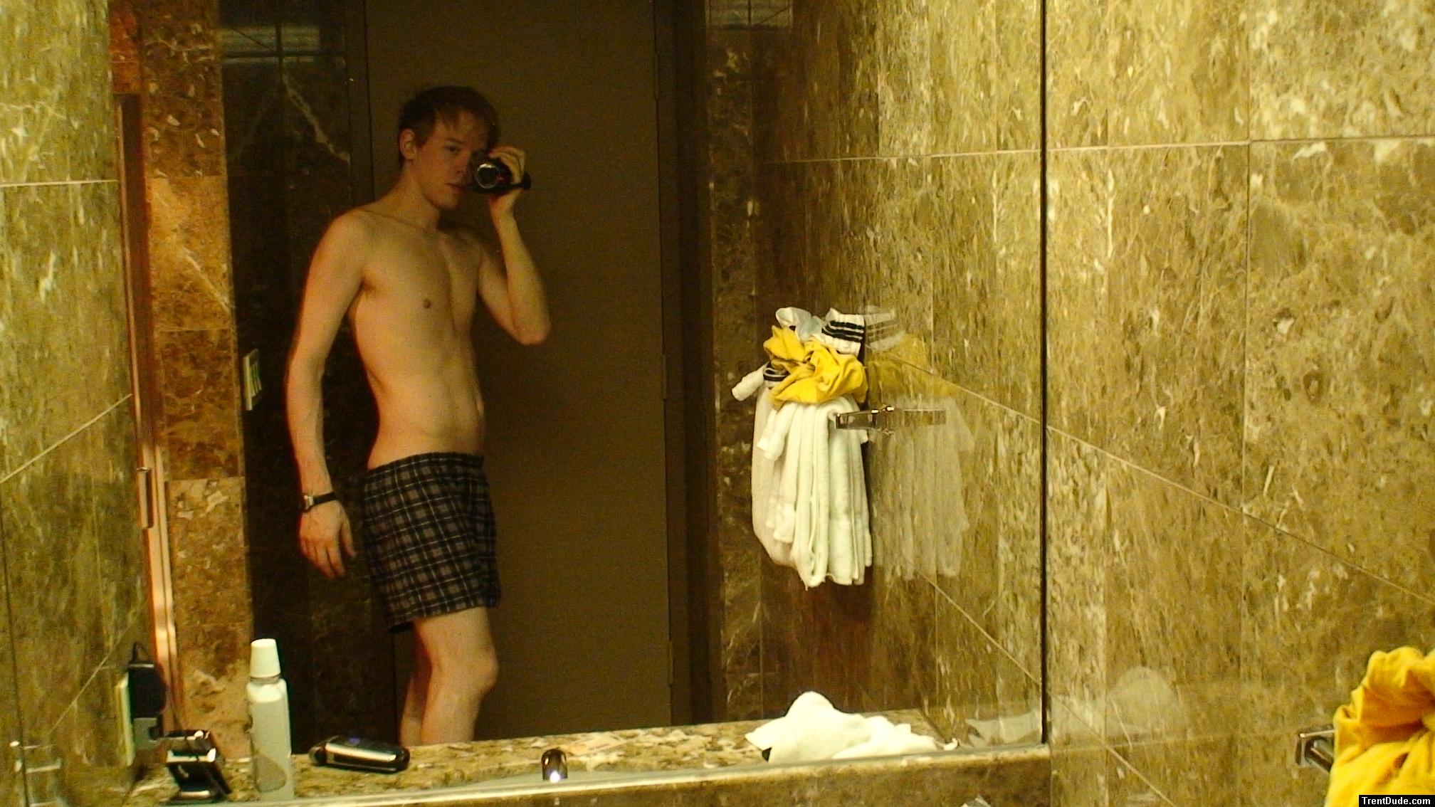 Polo boxers in a Tahoe hotel bathroom