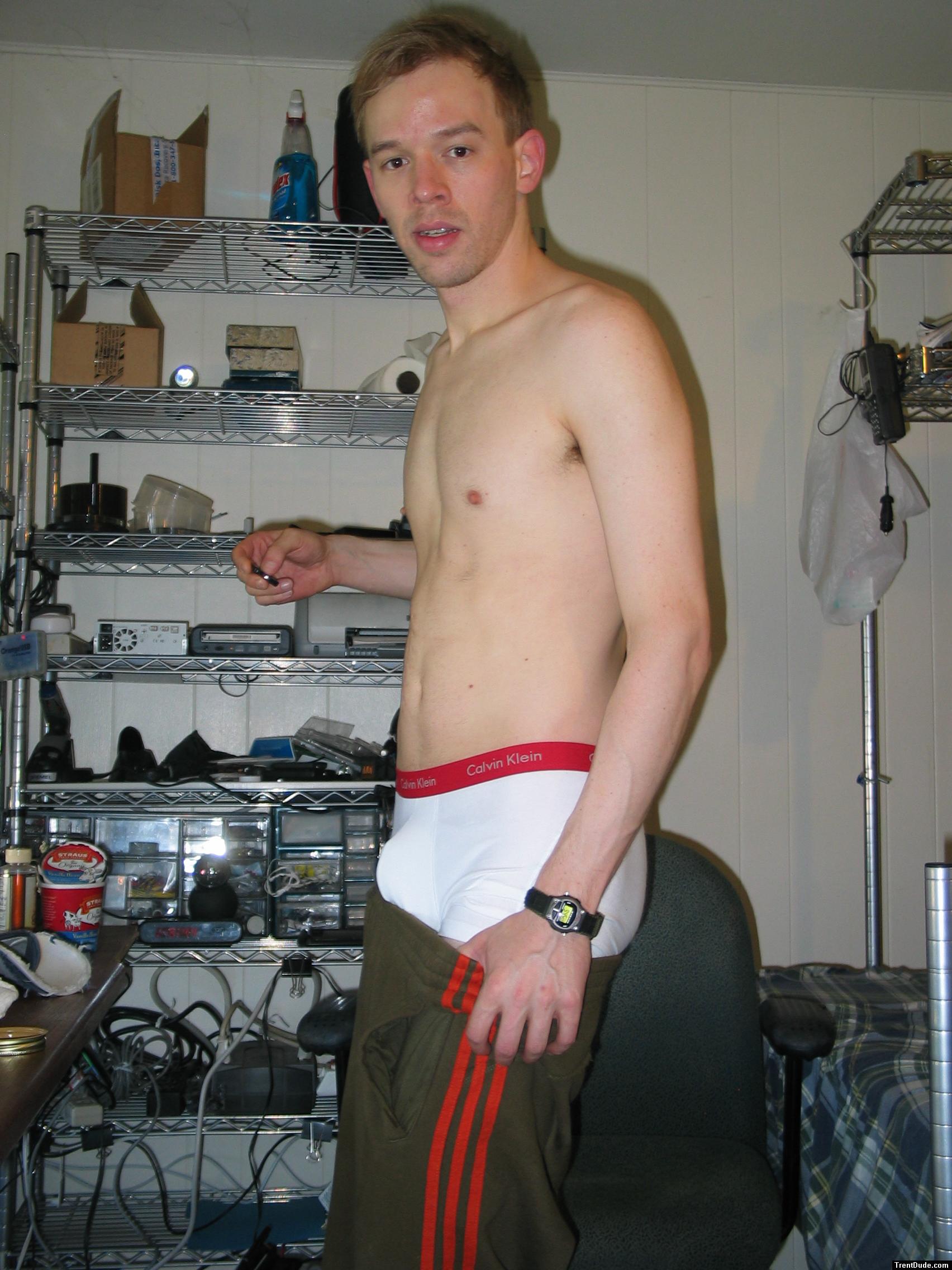 Addidas sweat pants and Calvin Klein white boxer briefs