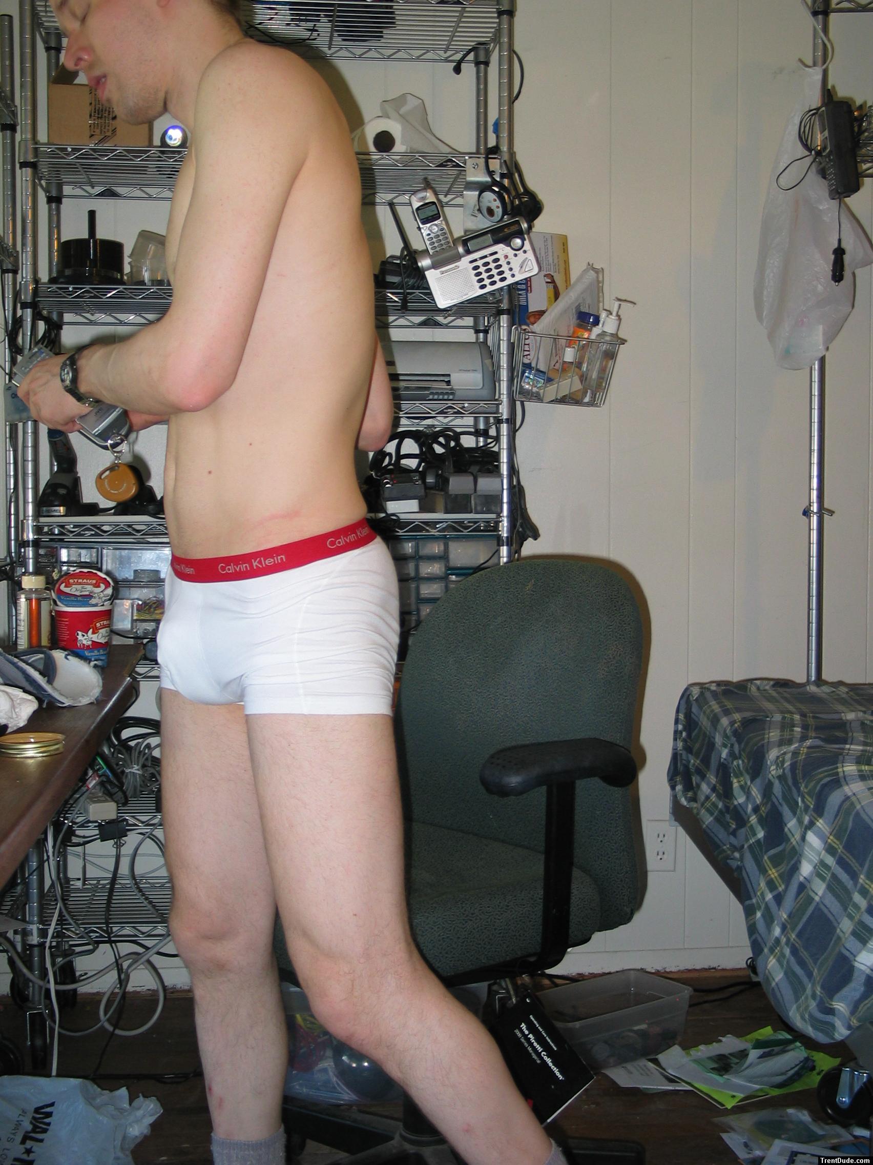 Calvin Klein white boxer briefs - sitting in a chair