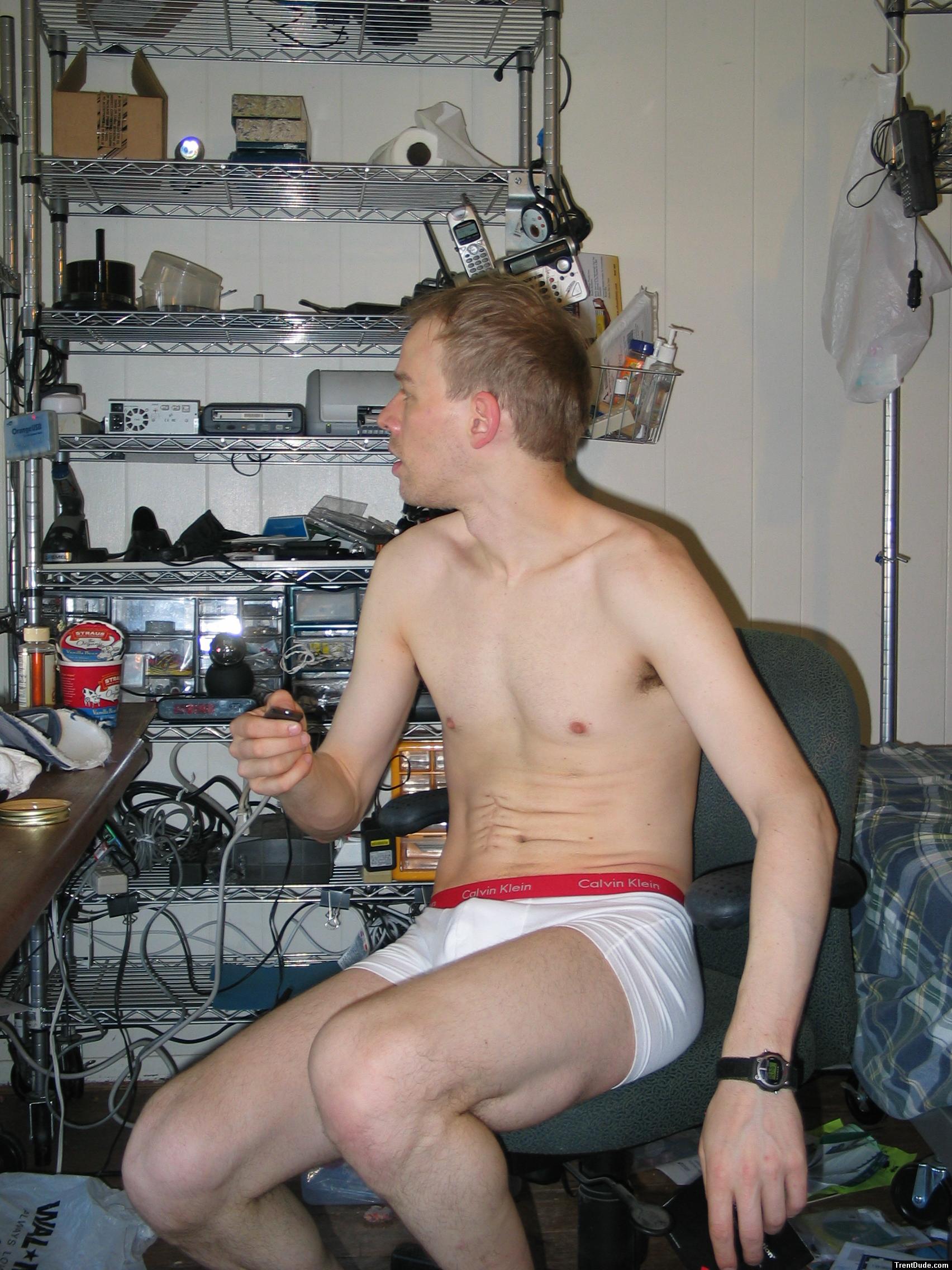 Calvin Klein white boxer briefs - sitting in a chair