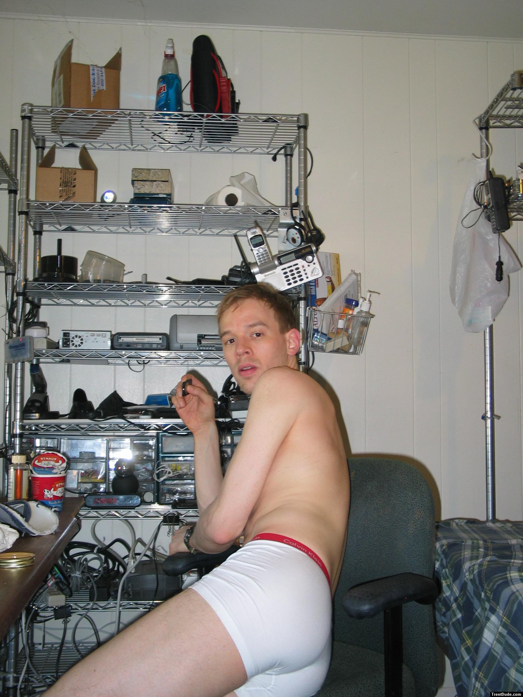 Sideways in Calvin Klein white boxer briefs (butt)