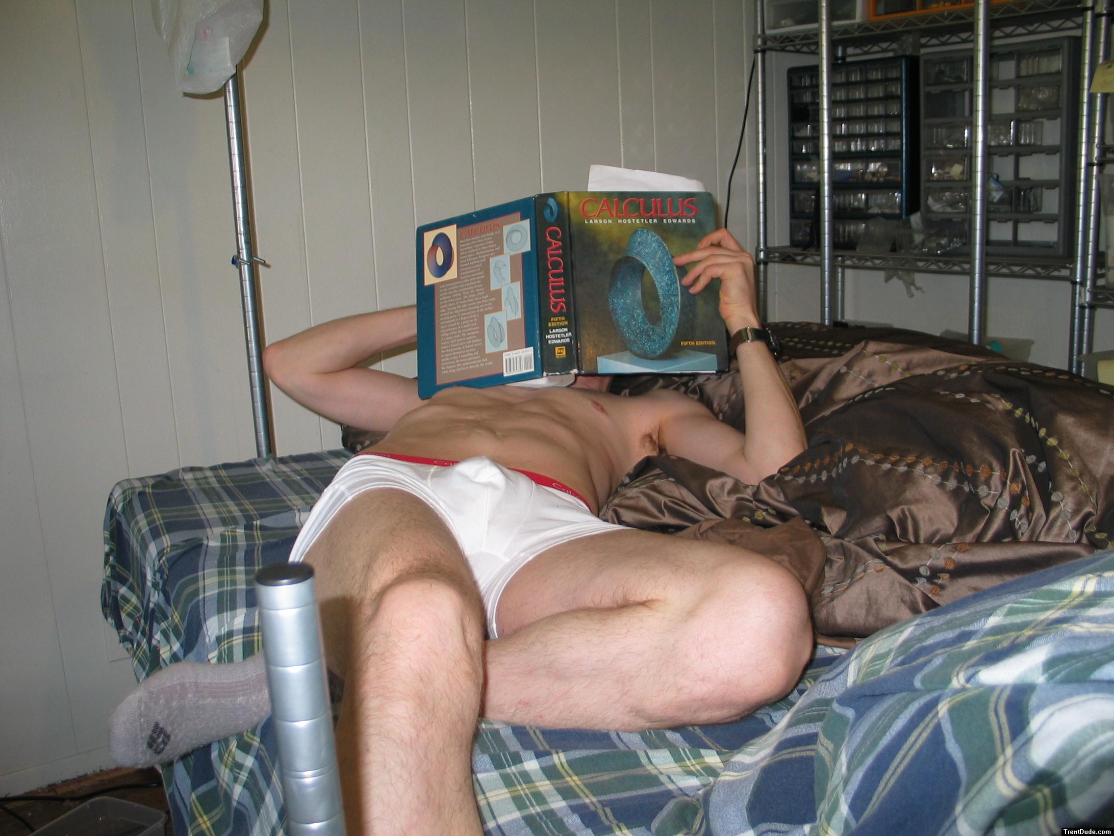 In bed studying - Calvin Klein boxer briefs pro stretch