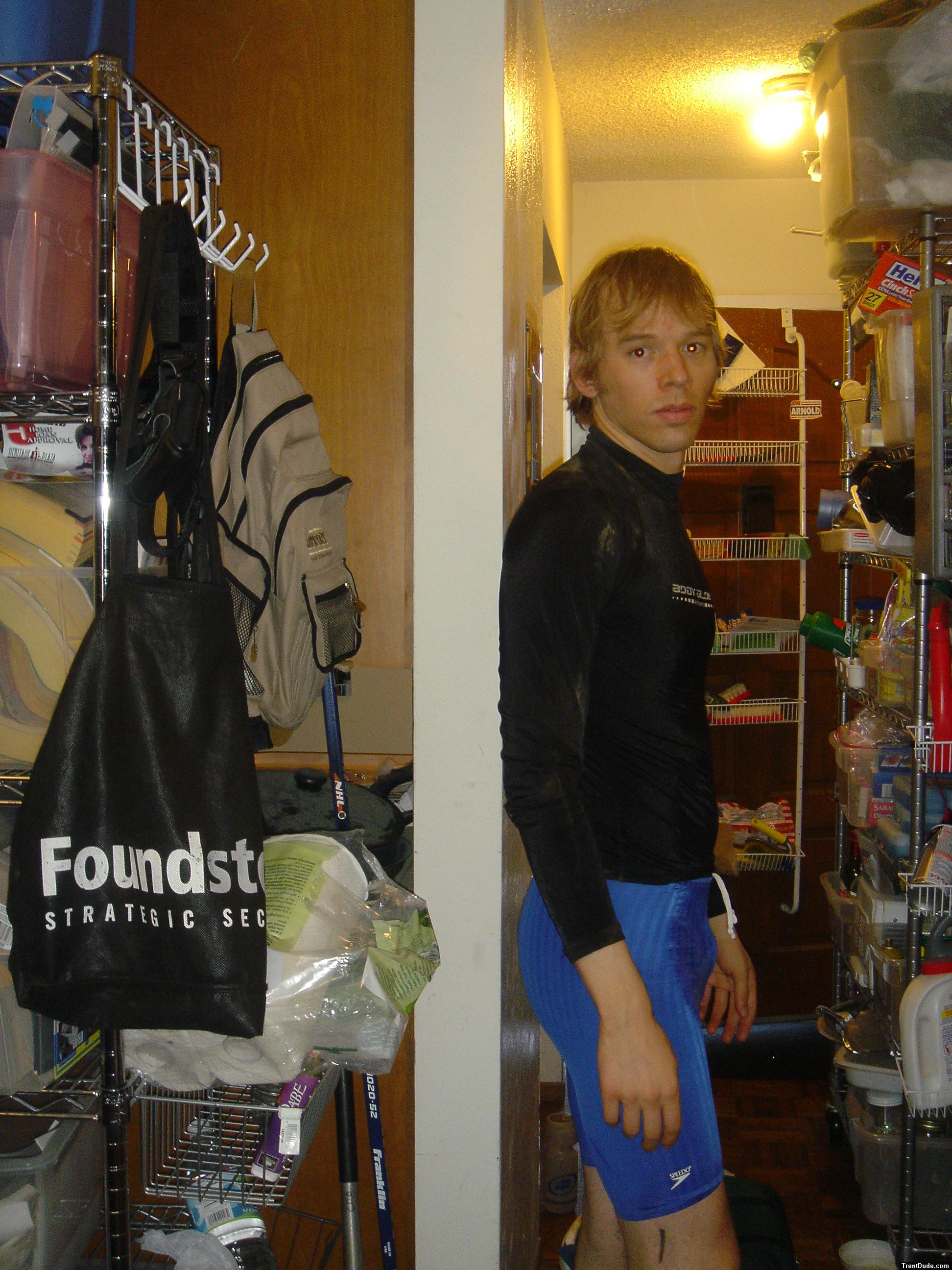 Trent with Body glove aqua top, Speedo aqua pants. Right side