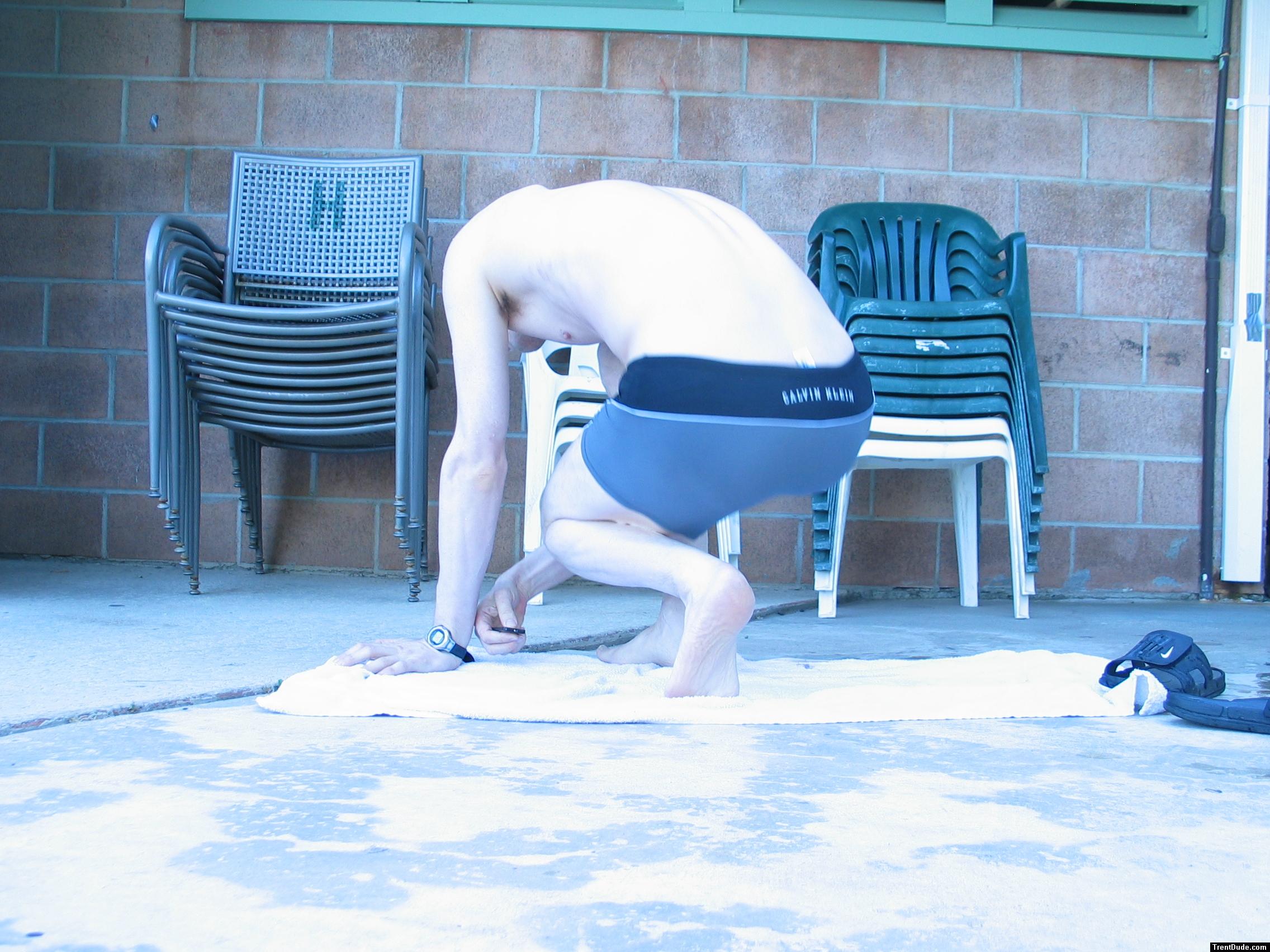 Showing the back of his feet