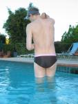 He hopes the girls don't laught at his swim suit