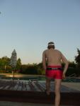 morning streches in a Speedo Red Curve Line Square Leg Trunk