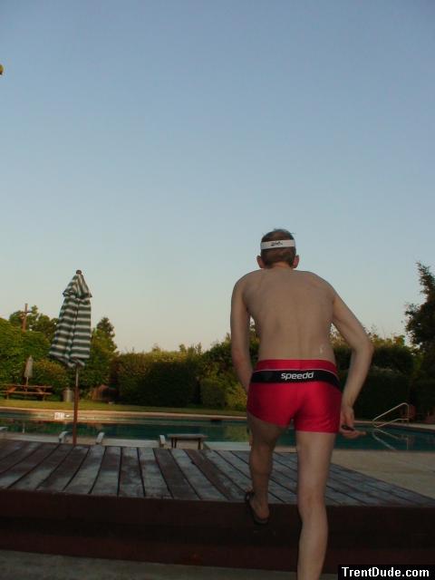 morning streches in a Speedo Red Curve Line Square Leg Trunk
