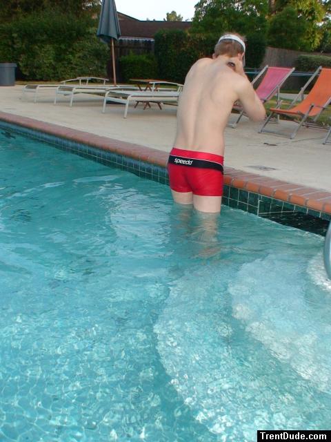 morning exercises in a Speedo Red Curve Line Square Leg Trunk (rear)