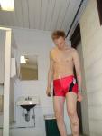 Check out his new Speedo and band-aids (leg)