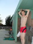 Swimmer in a red speedo square leg suit!