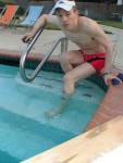Swimmer in a red speedo square leg suit!