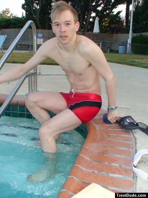 Happy to show his new red Speedo shorts