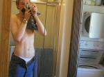 shirtless dude in a mirror with underwear showing (skinny)