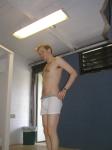 white hanes boxer briefs, changing in a bathroom (hairry chest)