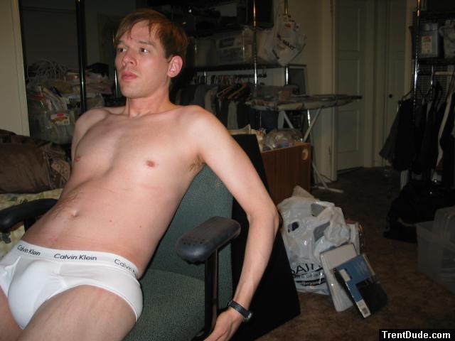 dude lounging in Calvin Klein briefs in a chair (best!)