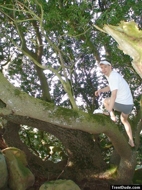 Climbing tha manzanita tree in grey boxer briefs