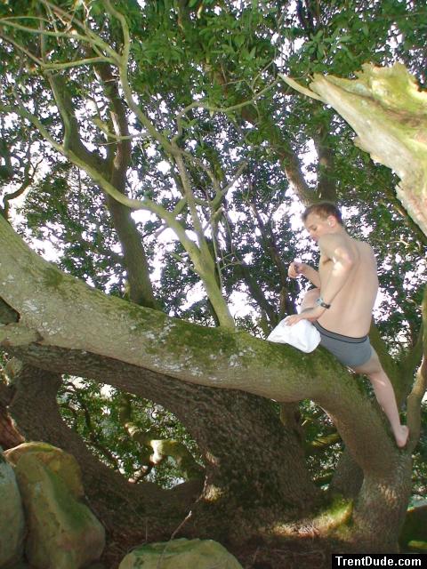 Climbing tha manzanita tree in grey boxer briefs