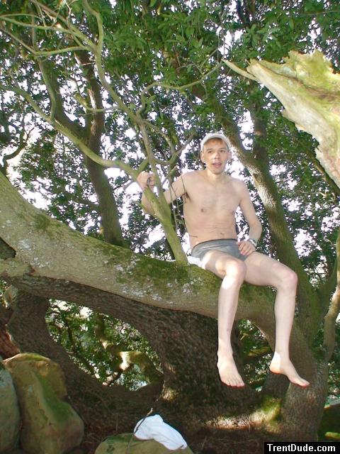 Climbing tha manzanita tree in grey boxer briefs