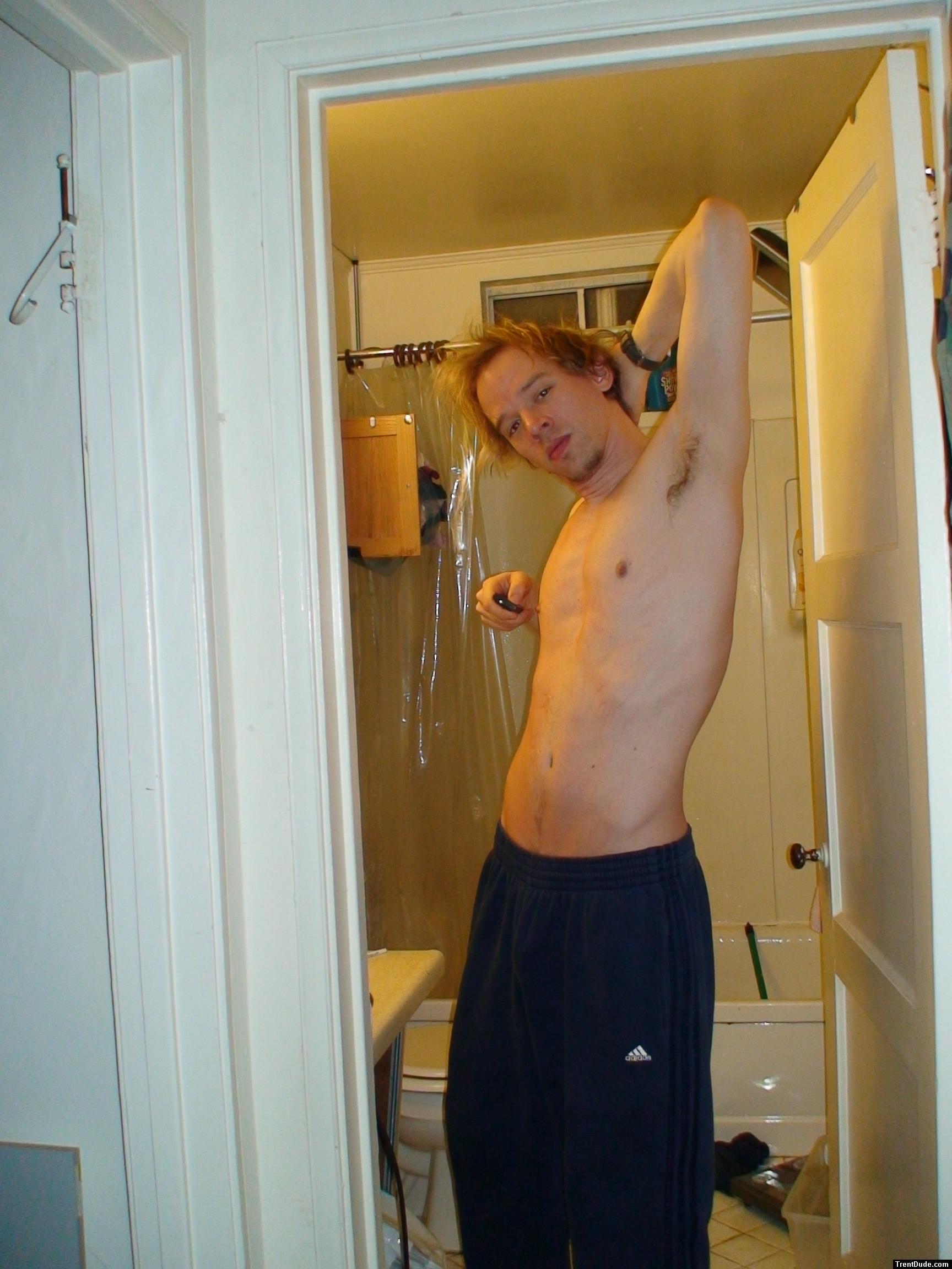 armpits and Addidas sweat pants, goatee