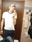 Blue addidas shorts in a motel bathroom