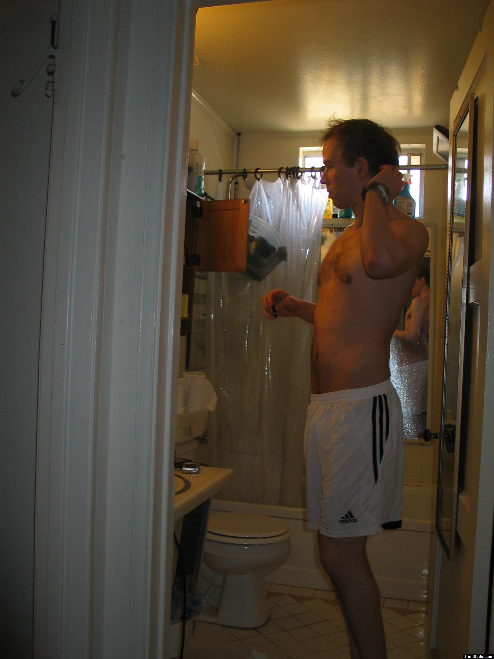 White addidas shorts (hairy chest)