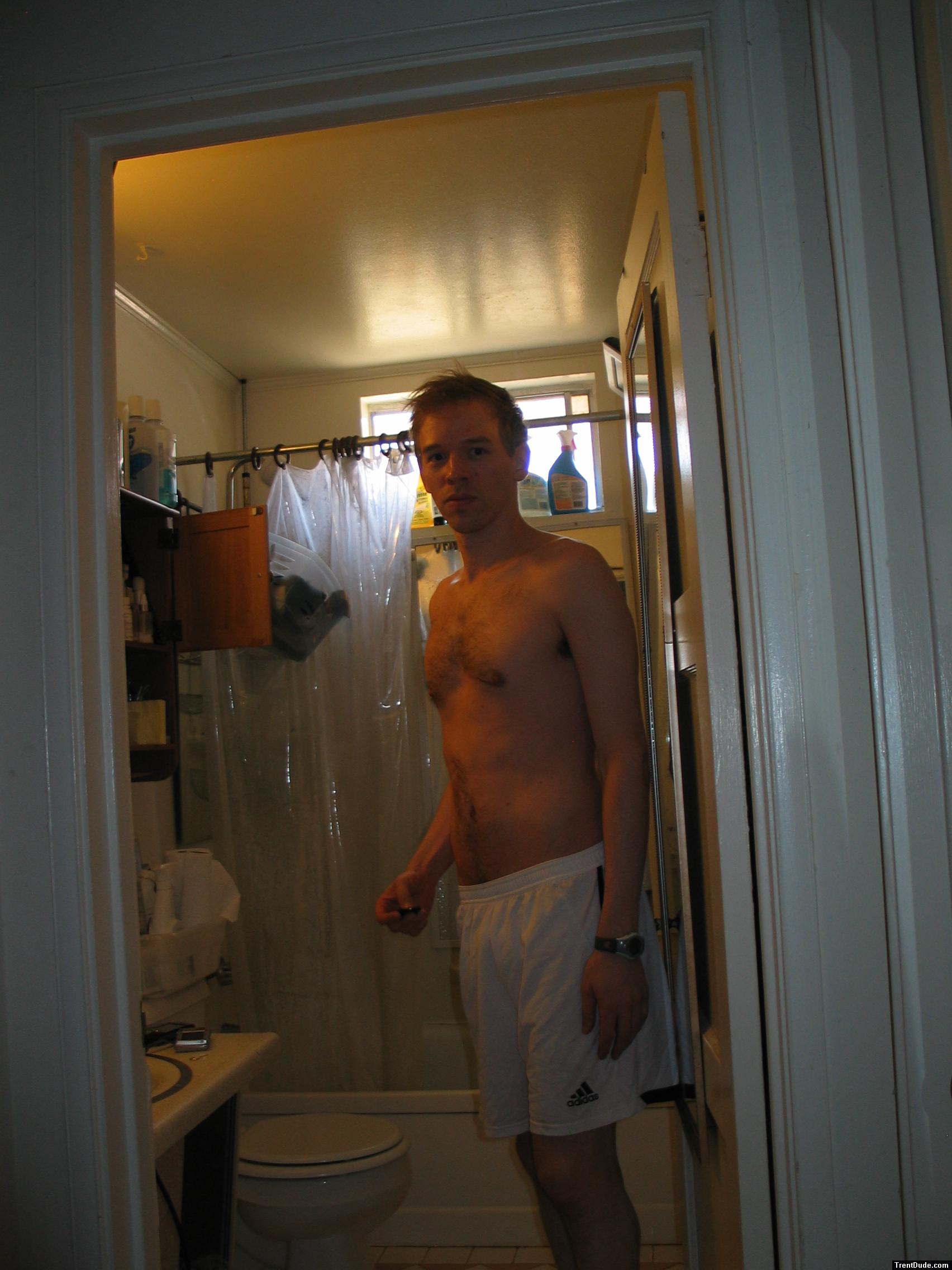 White addidas shorts (hairy chest)