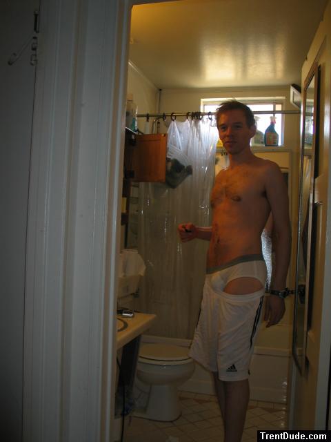 White Addiadas shorts over Jockey briefs