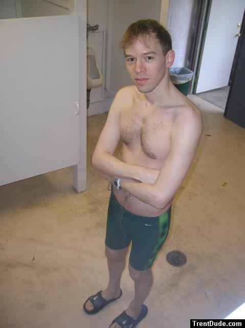 Green Nike swim jammer, chest hair, NIke slippers