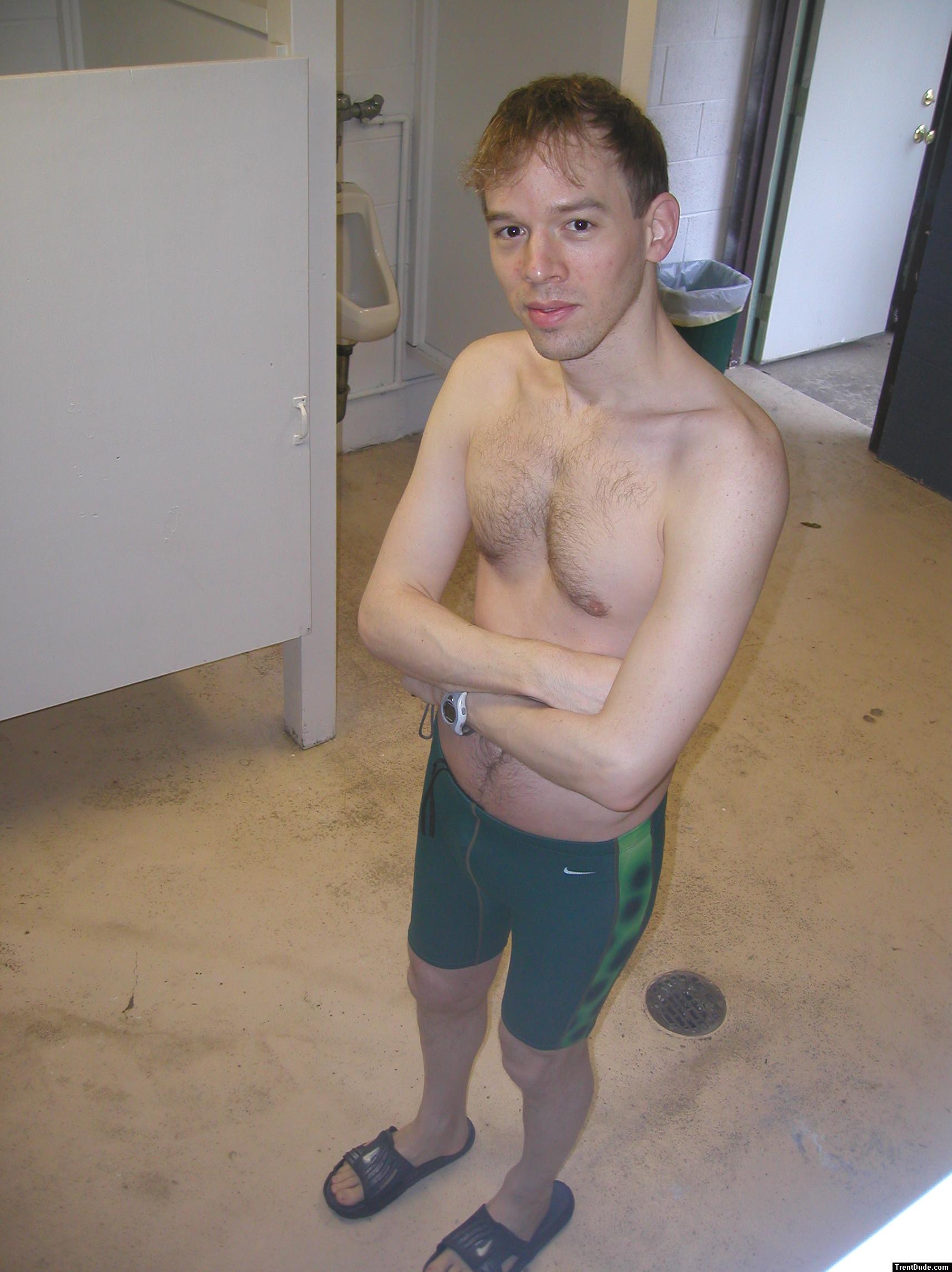 Green Nike swim jammer, chest hair, NIke slippers