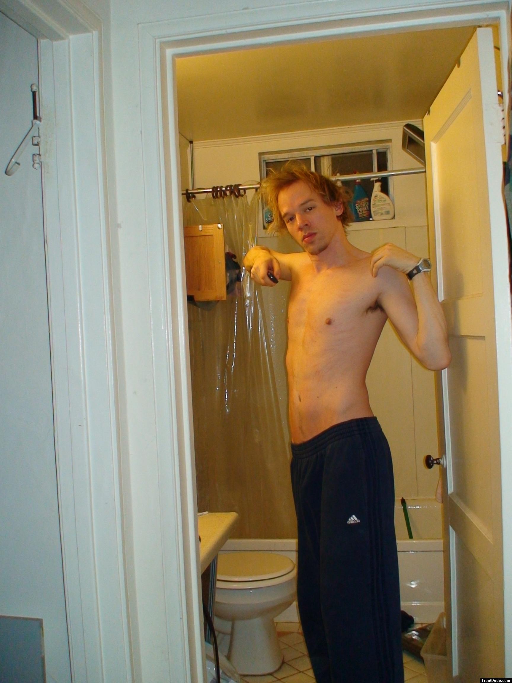 Messy hair, shirtless, Addias sweat pants