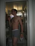 Chest hair, glasses,  in grey boxer briefs