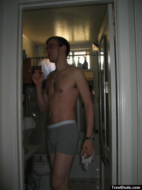 Chest hair, glasses,  in grey boxer briefs