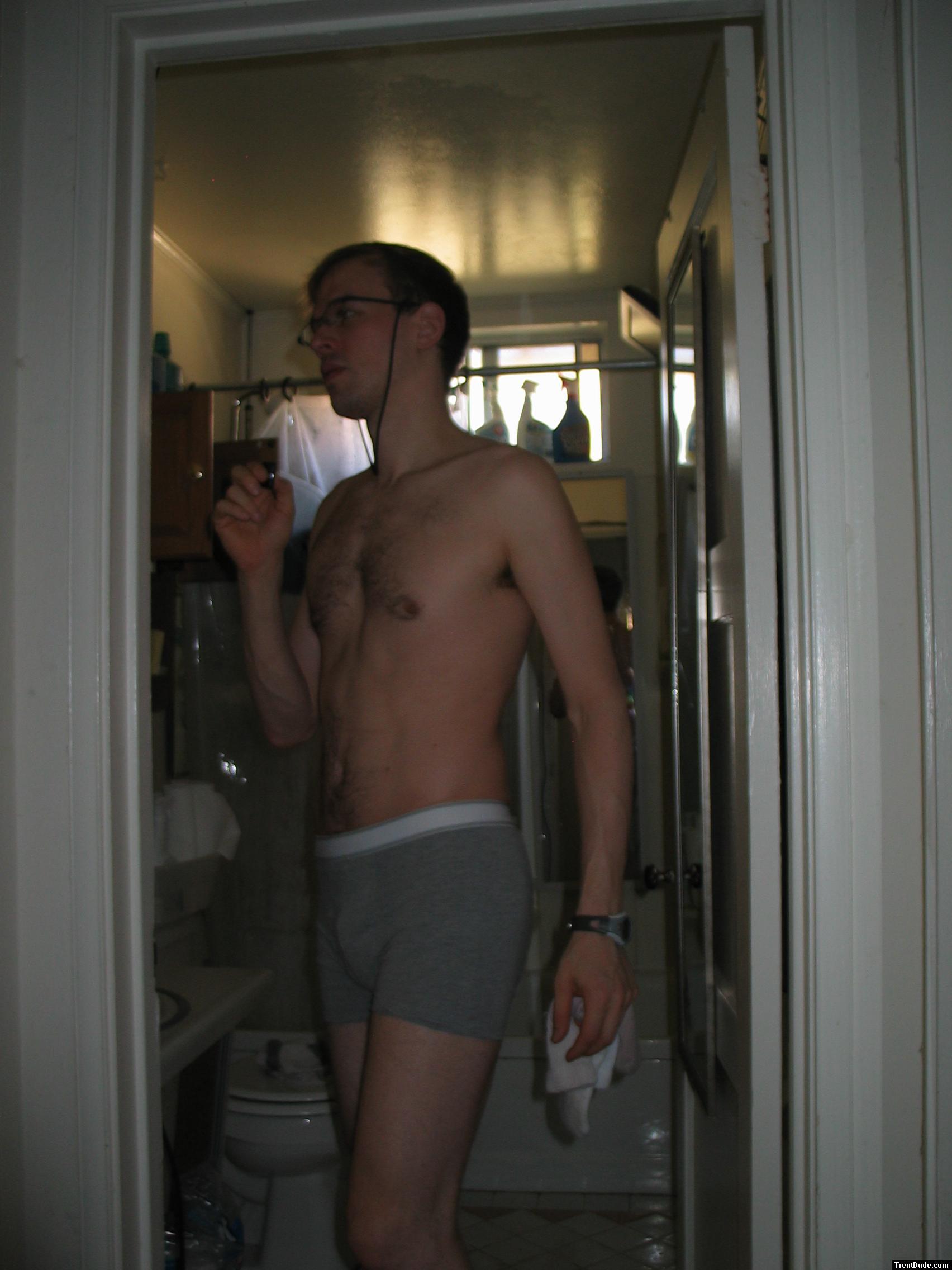 Chest hair, glasses,  in grey boxer briefs