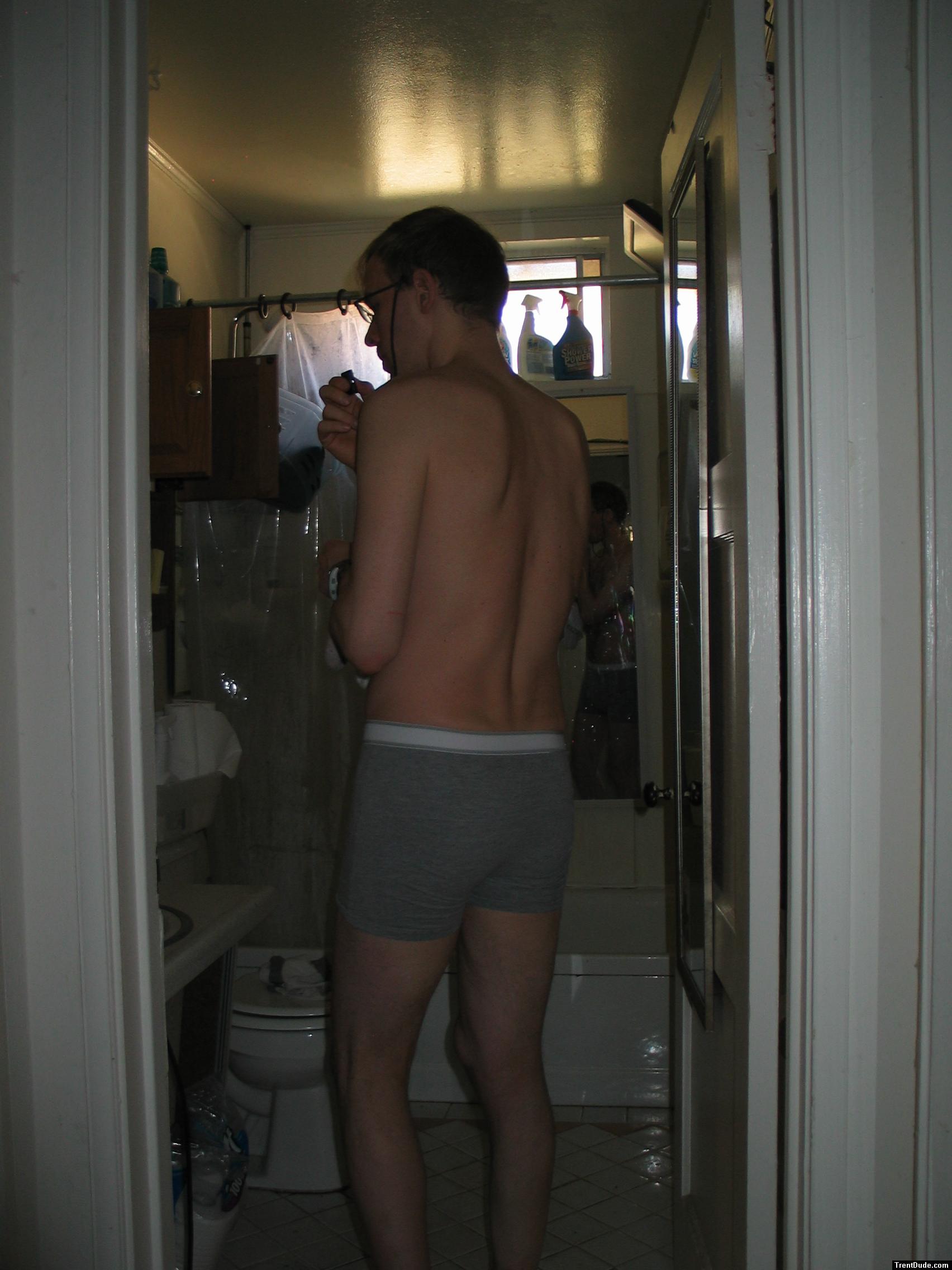 Grey boxer briefs and glasses