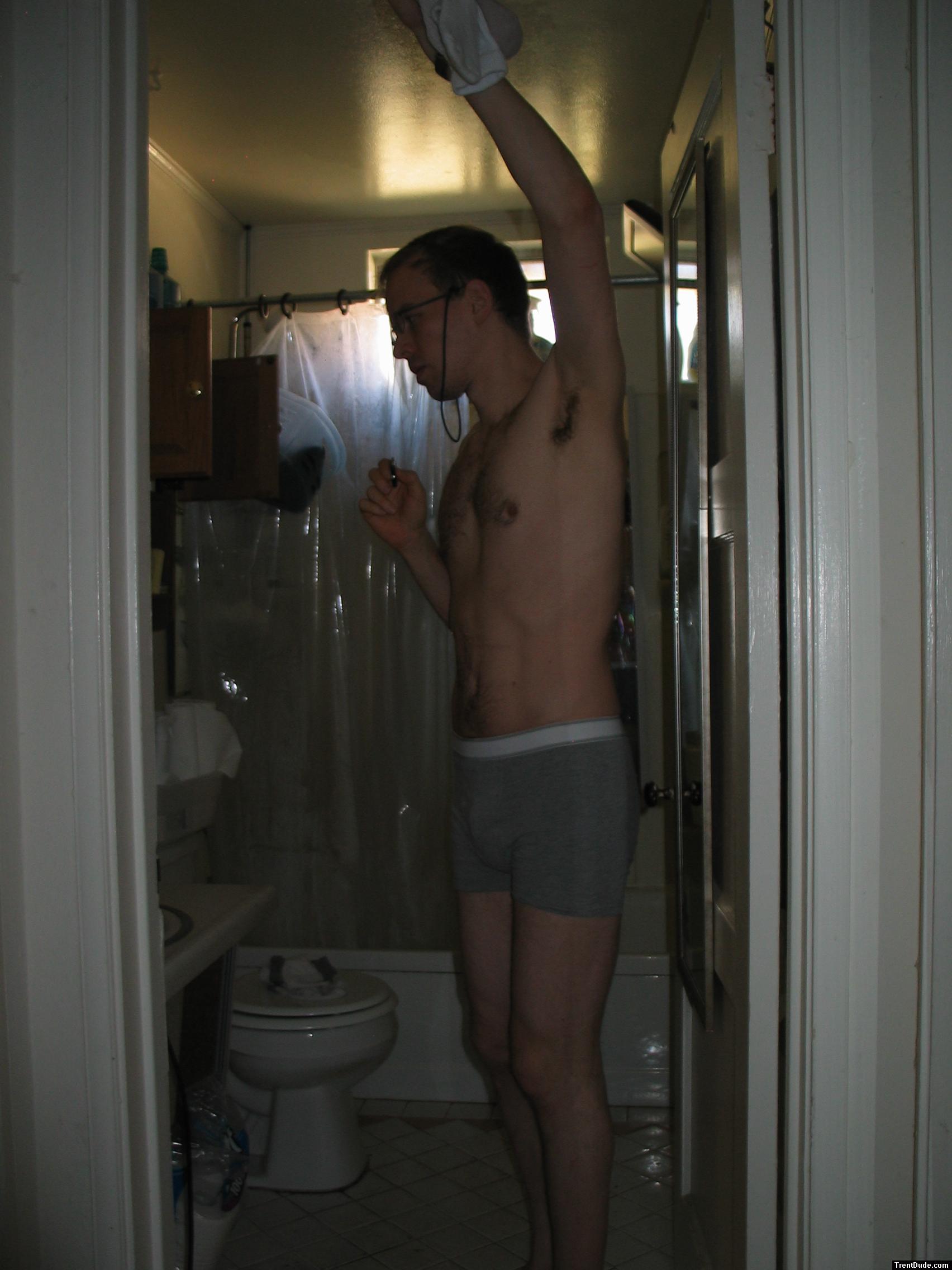 Grey boxer briefs and glasses, armpits